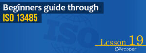 Blue header banner for "Beginners guide through ISO 13485" Lesson 19, featuring the qmsWrapper logo and a globe graphic illustrating medical device quality standards.