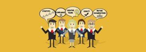 Cartoon illustration of five diverse medical device professionals representing startups, compliance, creative teams, quality, and mature organizations, all unified by qmsWrapper.