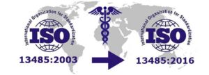 Table comparison of ISO 13485:2003 and ISO 13485:2016 term definitions, highlighting new additions like Post-market surveillance, Risk management, and Life-cycle for medical device quality systems.